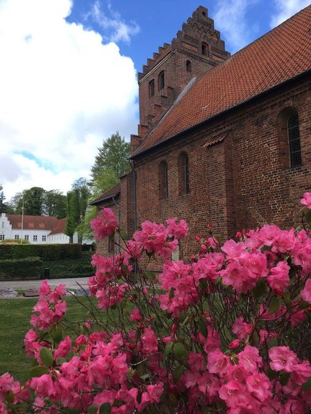 Dalum Kirke med blomster foran